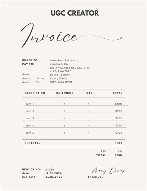 Professional Easy UGC Invoice Template UGC Creator Invoice - Etsy