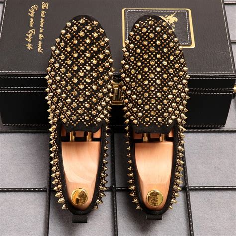 Black Gold Studs Spikes Punk Mens Loafers Flats Dress Shoes ...