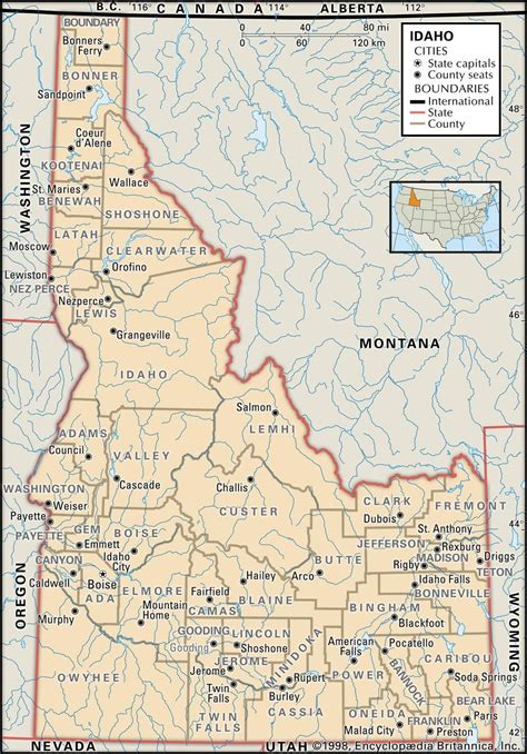 State Map of Idaho with the counties and the county seats Hailey Idaho, Priest River, Rexburg ...