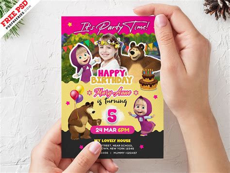 Masha and the Bear Birthday Invitation Card PSD | PSDFreebies.com