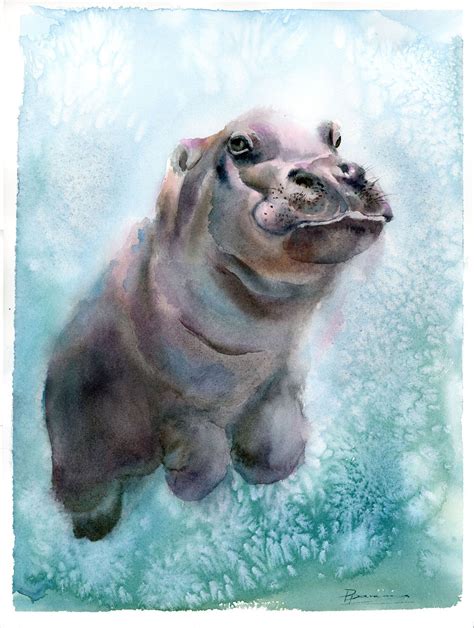 Hippo Painting Original Watercolor Hippopotamus artwork | Etsy | Animal ...