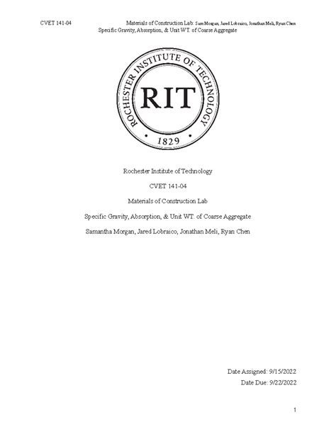 Specific Gravity Lab Write Up - Specific Gravity, Absorption, & Unit WT. of Coarse Aggregate ...