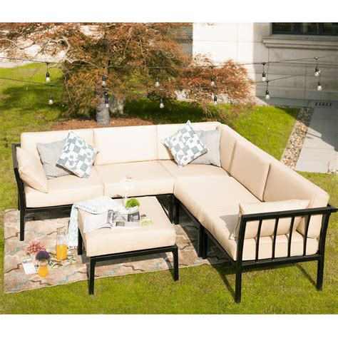 Patio Festival 6-Piece Metal Outdoor Sectional Set with Beige Cushions ...