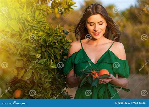 Beautiful Woman in Nature at Sunset Stock Image - Image of flower, fruits: 120851257