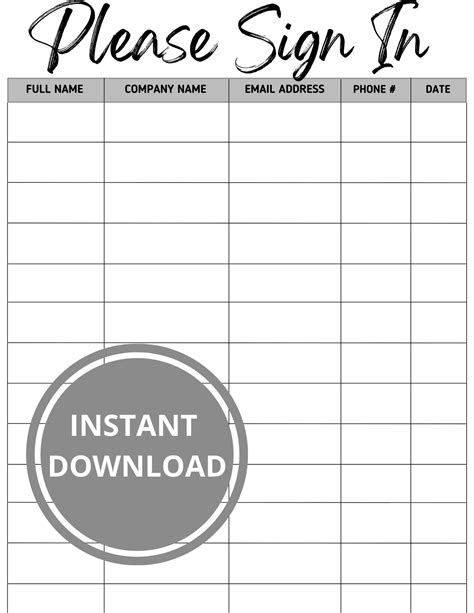 Please Sign in Sign in Sheet 8.5 X 11 Printable Full Name Company Name ...