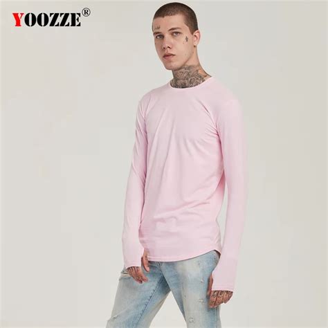 Plain Pink T Shirt Men Cool Longline Long Sleeve Round Bottom Clothing ...