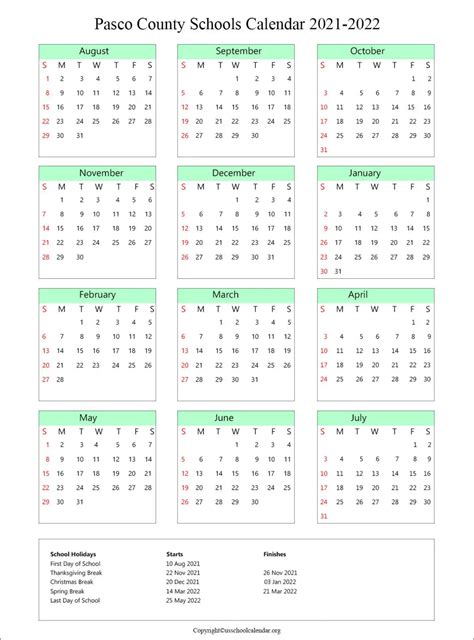 Pasco County School Calendar with Holidays 2021-2022