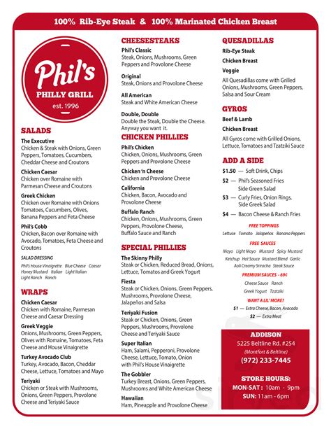 Phil's Philly Grill menu in Plano, Texas, USA