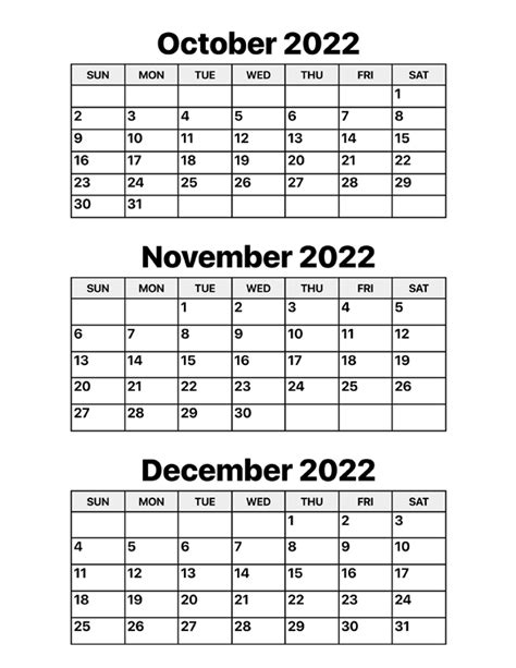 October, November and December 2022 Calendar – Calendar Options