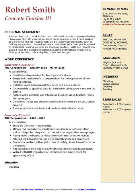 Concrete Finisher Resume Samples | QwikResume