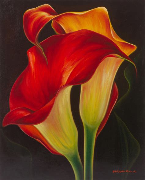 Signed Oil Painting of Red Calla Lilies in the Darkness - Two Calla ...