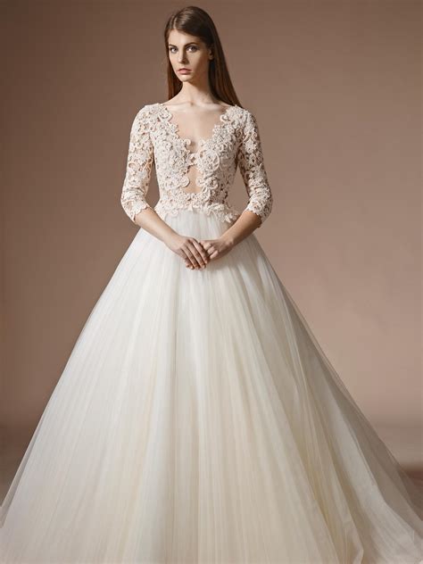 Papilio Lace bodice ball gown wedding dress with three-quarter sleeves