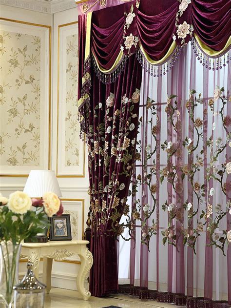 Luxury purple embroidered velvet curtains, sheers, with beautiful velvet valance curtains on the ...