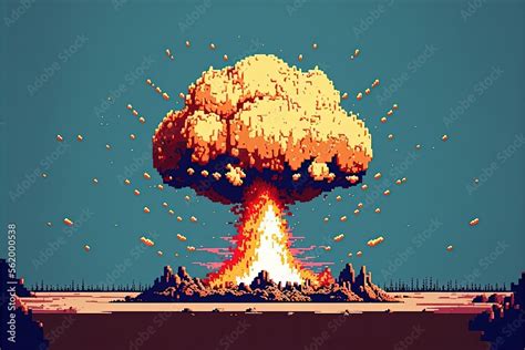 Pixel art atomic bomb explosion, background in retro style for 8 bit ...