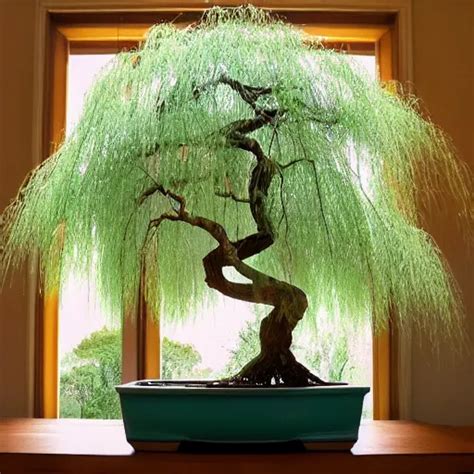 A Weeping willow bonsai tree, afternoon sun shines | Stable Diffusion