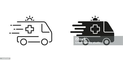 Ambulance Line And Silhouette Black Icon Set Emergency Car For Patients Pictogram Fast ...