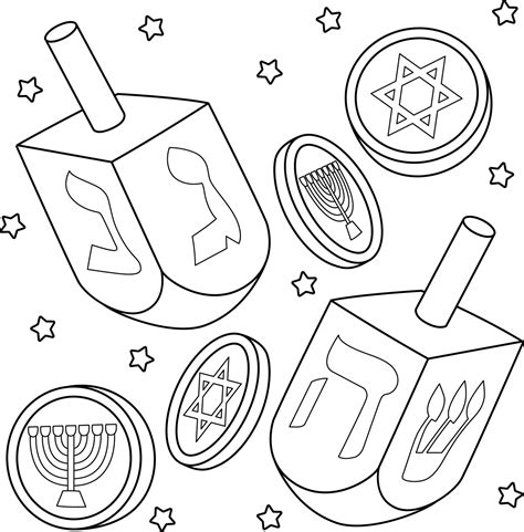 Hanukkah Dreidel and Coins Coloring Page for Kids 11487076 Vector Art ...