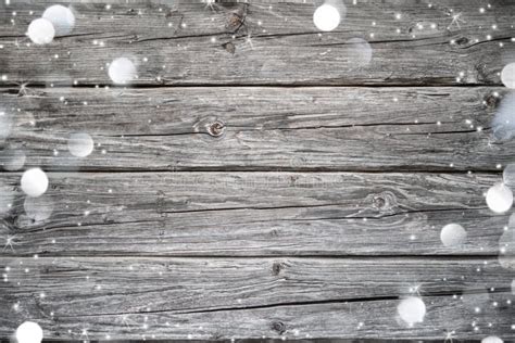 Christmas Background with Snow and Lights on Wood Stock Photo - Image ...