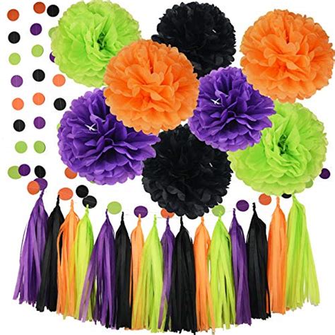 Halloween Party Decorations Orange Black Purple Green Color Tissue Pom Pom Paper Garland ...