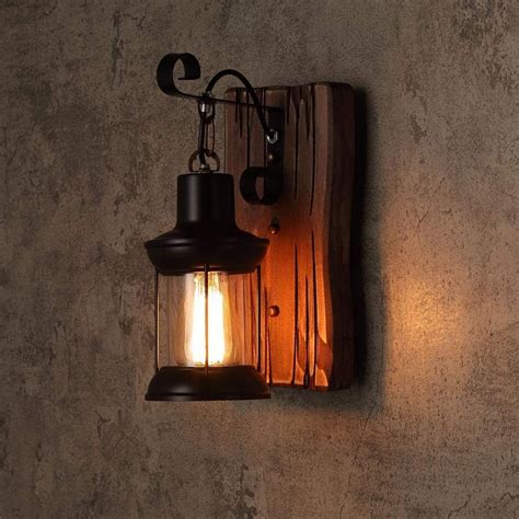 Lovedima Indoor Outdoor 1-Light Wall Sconce Retro Industrial Wood Metal Wall Lantern with Clear ...