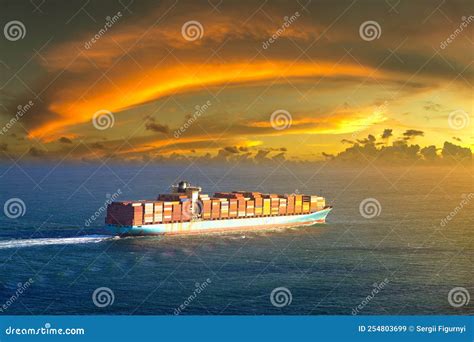 Container ship at sunset stock image. Image of heavy - 254803699