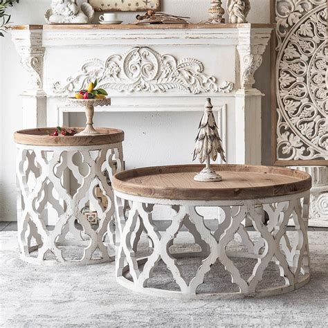 White Round Coffee Table with Tray Tabletop Wooden Carved Accent Table