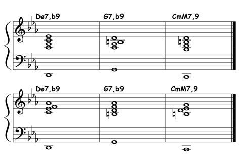 Jazz School: Minor 2-5-1 Chord Progression: iiø7,b9-V7,b9-iM7,9 Chord Voicings - Piano-ology