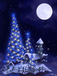 a blue christmas tree with lights on it in front of a full moon and snowy landscape