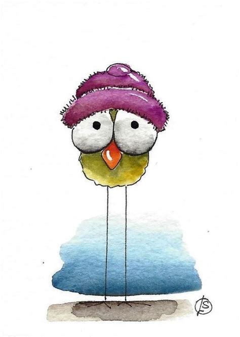 ACEO Original watercolor art painting whimsical birds purple hat green bird #IllustrationArt ...