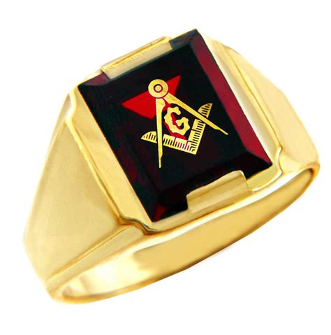 Men's Masonic Red Stone Square and Compass Gold Ring