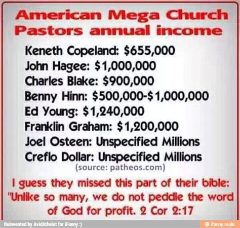 American Mega Church Pastors annual income Keneth Copeland: $655,000 John Hagee: $1,000,000 ...