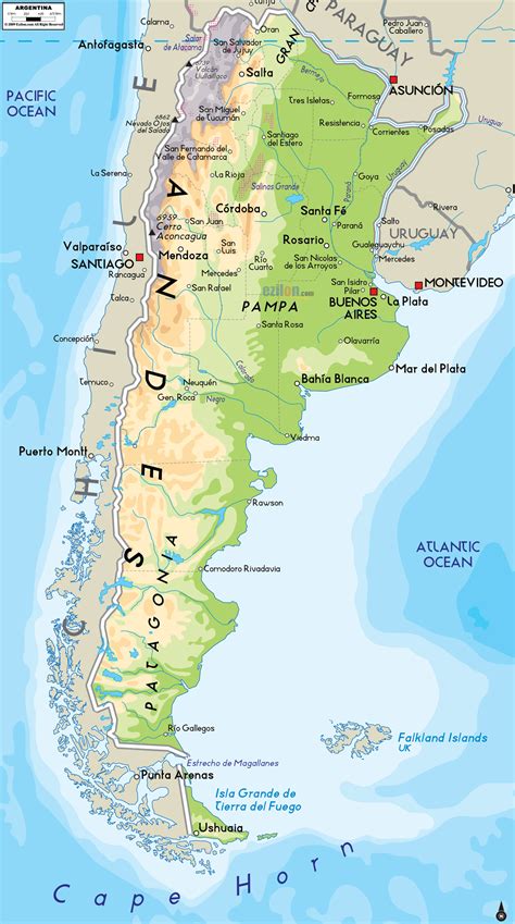 Large physical map of Argentina with major cities | Argentina | South America | Mapsland | Maps ...