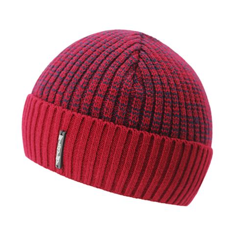 Knitted Winter Beanie Hats for Men with Velvet Interior - Red,Dark Gra