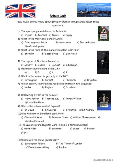 British Culture Quiz: English ESL worksheets pdf & doc