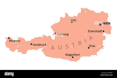 Austria isolated map on white background with some of the main cities ...