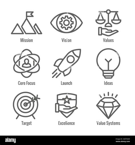 Mission Vision and Values Icon Set with rocket, ideas, & goal icons Stock Vector Image & Art - Alamy