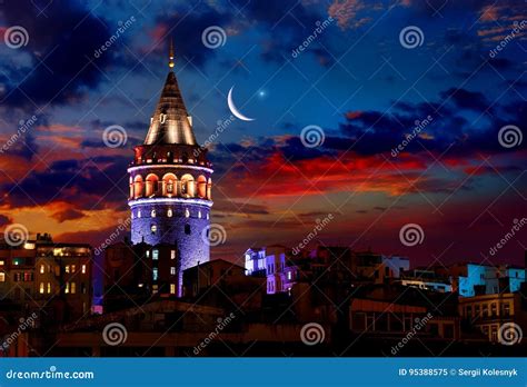 Galata Tower at night stock image. Image of heritage - 95388575