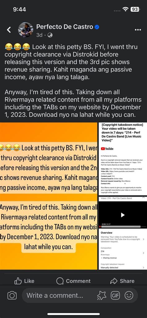 Rico Blanco submits copyright claim against ex-Rivermaya guitarist’s cover of 214 : r/Philippines