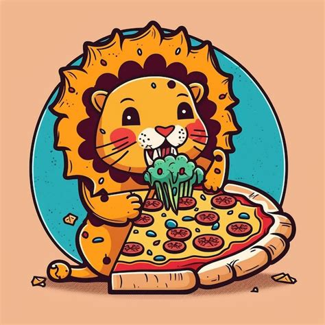 Premium Photo | Lion eating A Pizza Vector Illustration