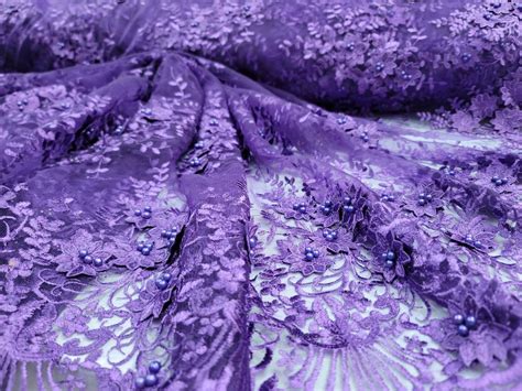 Fabric Sold by the Yard Purple 3d Lace Embroidery Floral Flowers Pearls ...