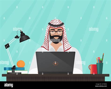 Arab muslim businessman or programmer sitting at his office Desk working with laptop. Cartoon ...