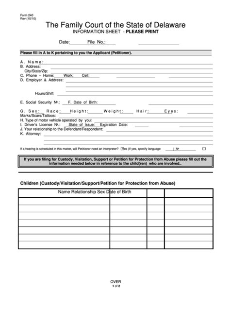 The Family Court Of The State Of Delaware - Information Sheet printable ...