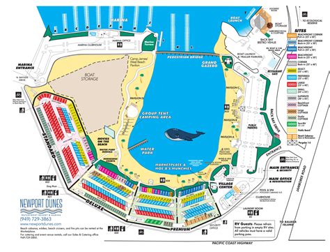 Newport Dunes resort map shows our camping sites, amenities, and venues.