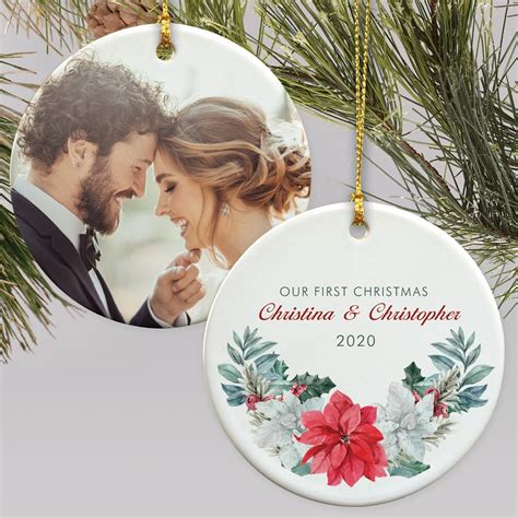 Personalized First Christmas Floral Photo Double Sided Ornament | GiftsForYouNow