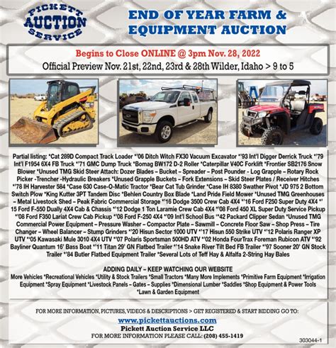 End of Year Farm & Equipment Auction, Pickett Auction Service, Caldwell, ID