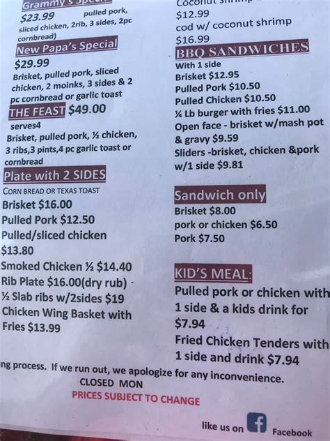 Menu at Artman Country Smokehouse BBQ, Summerfield