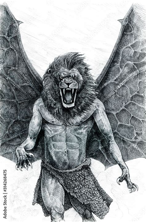 Mythical lion illustration. Half human - half lion. Lion roaring. Fantasy monster drawing. Stock ...