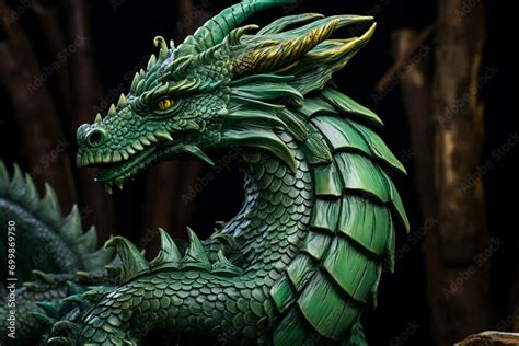 Green wooden dragon on dark brown background. Dragon traditional ...