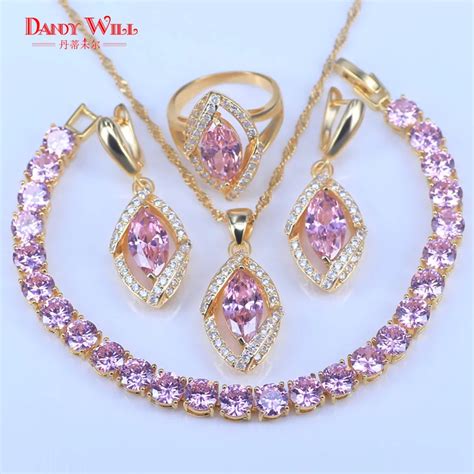 Princess Pink cubic zirconia gold color jewelry sets Round bracelets pendants necklace drop ...