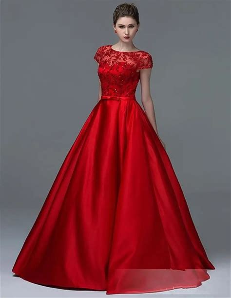 2015 New Design Red Satin Ball Gown Evening Dress Prom Dress with Short Sleeves Vestidos de ...